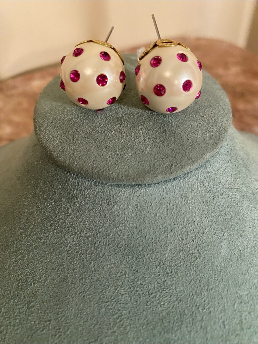 Vintage-Style Faux Pearl Pink Rhinestone Ball Stud Earrings